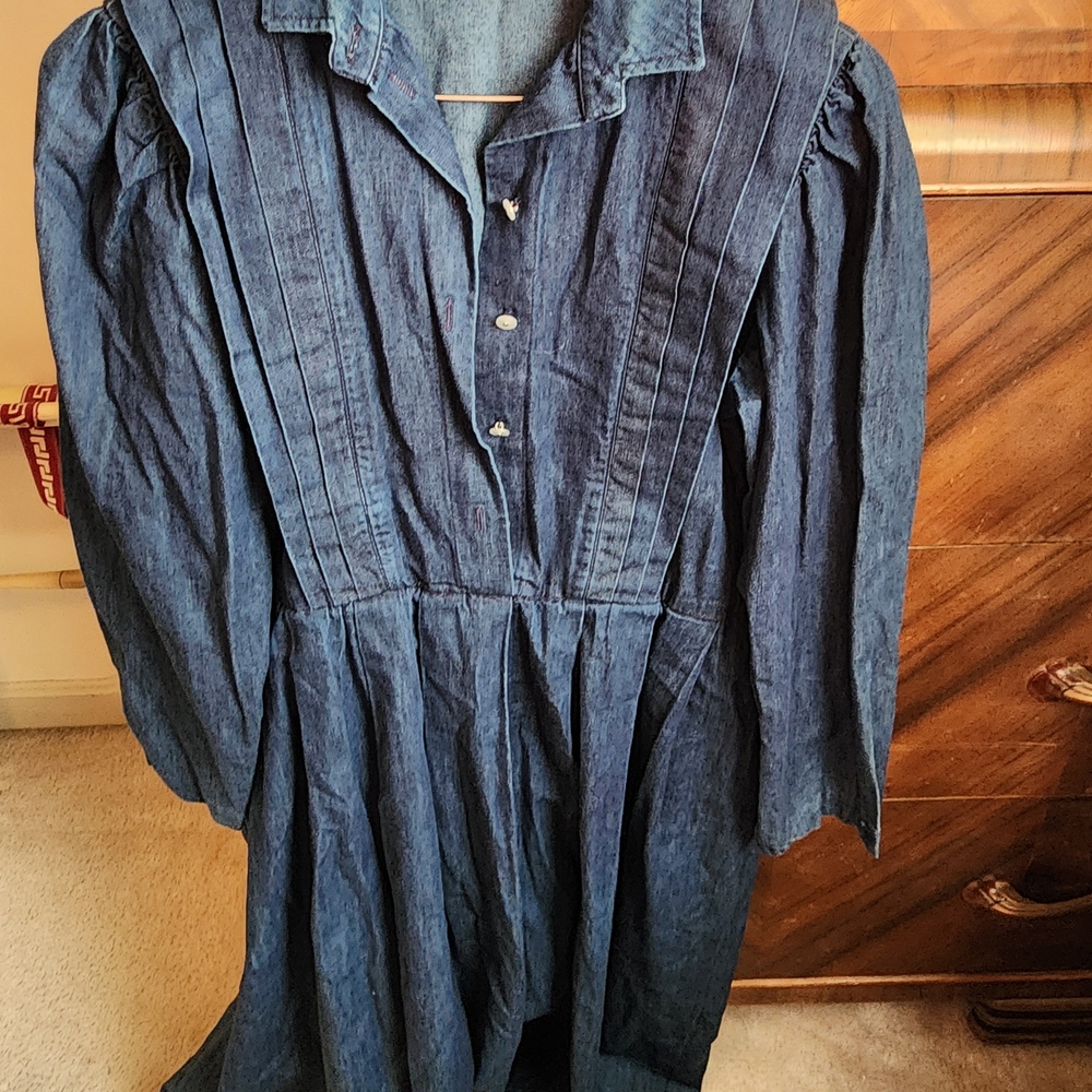 Vintage Denim Long Sleeve Pintuck Dress - Dark Blue